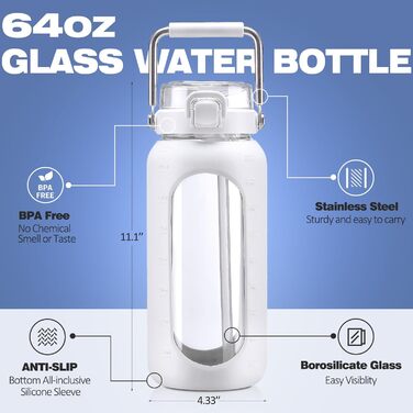 Гідрофляга HYDRAGLAZIC 1900 мл з трубочкою і сталевою ручкою, мотиваційна пляшка для води з силіконовим чохлом і часовими мітками, для контролю щоденного споживання води, біла