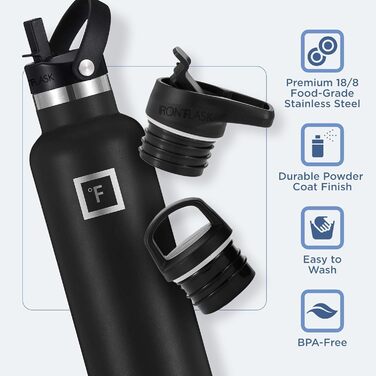 Фляга для води з нержавіючої сталі з 3 кришками - термофляга, витікання, ізольована, без BPA, для спорту, школи, фітнесу, кемпінгу, чорний колір Midnight Black, 710 мл