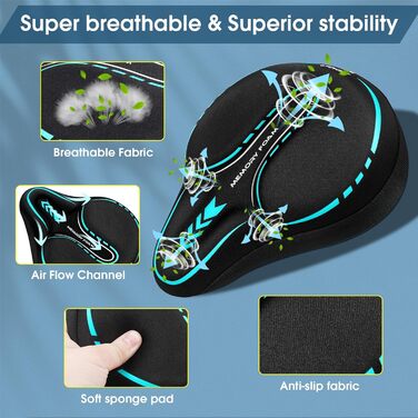 Накидка на сидіння велосипедного сидіння MSDADA з гелевою подушкою, широка, з ефектом пам'яті, для MTB, тренажерів, Peloton, зручна для жінок, чоловіків, літніх людей (чорний/бірюзовий)