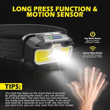 Налобний ліхтар Hyted LED перезарядна, USB-C, з функцією пам'яті, датчик, 2 шт., 2000 люменів, 14 режимів, IPX5, водонепроникний, для бігу, риболовлі