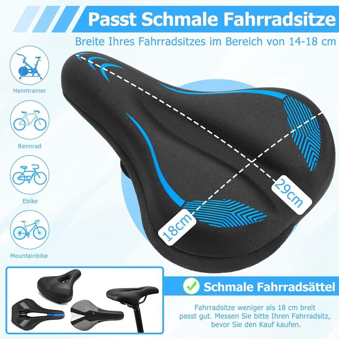 Подушка на сидіння велосипеда для чоловіків та жінок, потовщена та м'яка, комфортний чохол на сидіння велосипеда, велосипедний сидіння з подушкою для шосе, гірського велосипеда, електровелосипеда, тренажера C1, блакитний, вузький
