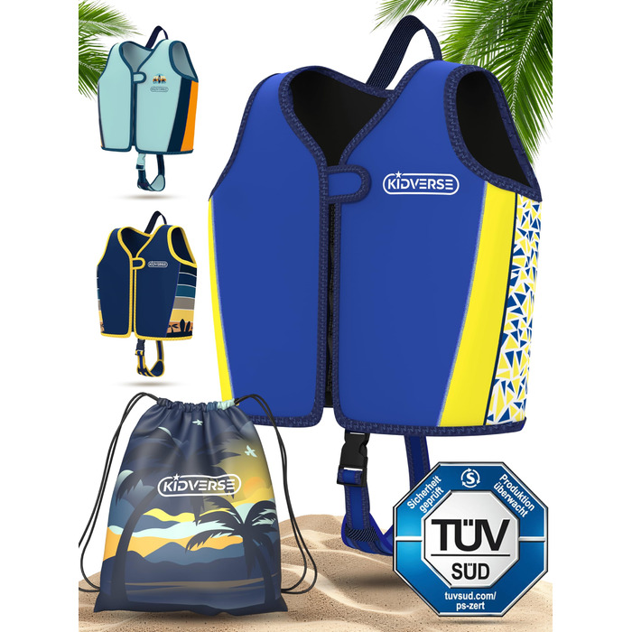 KIDVERSE Schwiweste Kinder: Плаваючий жилет для дітей від 2 років - сертифікований TÜV, перевірений Testsieger, з регульованою плавучістю, CE-сертифікований, з м'якого неопрену (блакитно-жовтий, M)