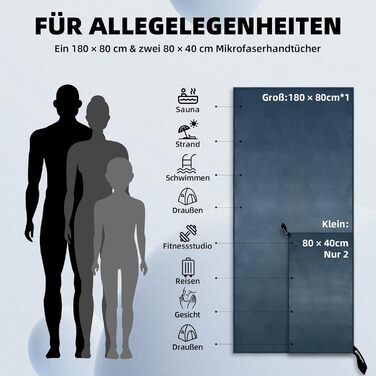 Набір з 3-х рушників з мікрофібри (великий 180х80 см, 2 маленьких 80х40 см) - швидковисихаючі спортивні рушники для фітнесу, пляжу, басейну та подорожей (темно-синій)