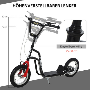 Дитячий самокат HOMCOM Scooter City Scooter від 5 років кікборд з 12 дюймовими пневматичними шинами в чорному кольорі 120x58x75-80 см для безпечної їзди