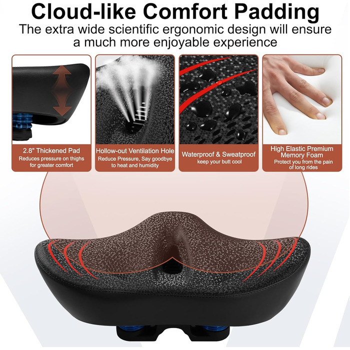 Комфортний велосипедний сідло Oversize для чоловіків та жінок, широке без носа, водонепроникне з memory foam, підходить для Peloton, фітнесу, електровелосипедів, міських велосипедів. Ширина: 37 см