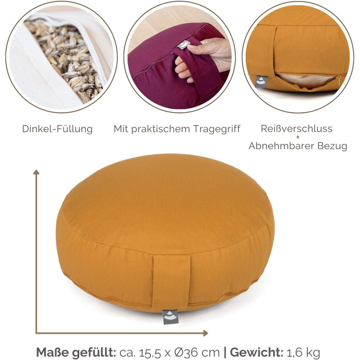 Подушка для медитації Bodhi Rondo ECO Extra Flat | Подушка для йоги з гречаним лушпинням | Чохол 100% бавовна | Жовта
