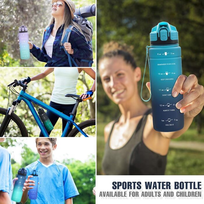 Спортивна пляшка для води Tritan 1L/500ml/700ml/1500ml, BPA-free, з маркуванням часу, витокозахисна, для фітнесу, велосипеду, відпочинку, йоги, спортзалу, школи, 1000ml, темно-зелений, темно-синій