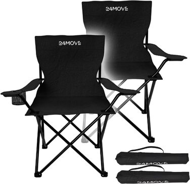 Набір з 2 туристичних стільців 24MOVE® для кемпінгу та риболовлі, чорного кольору, з підстаканником, складні, для відпочинку на природі, поліестер