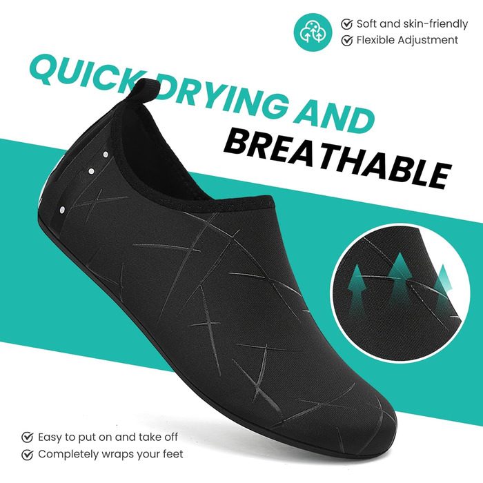 Чоботи для плавання та водних видів спорту: чоловічі та жіночі, швидковисихаючі, з антиковзким покриттям, легкі, для пляжу, басейну та серфінгу (34 EU, 857 Чорний)