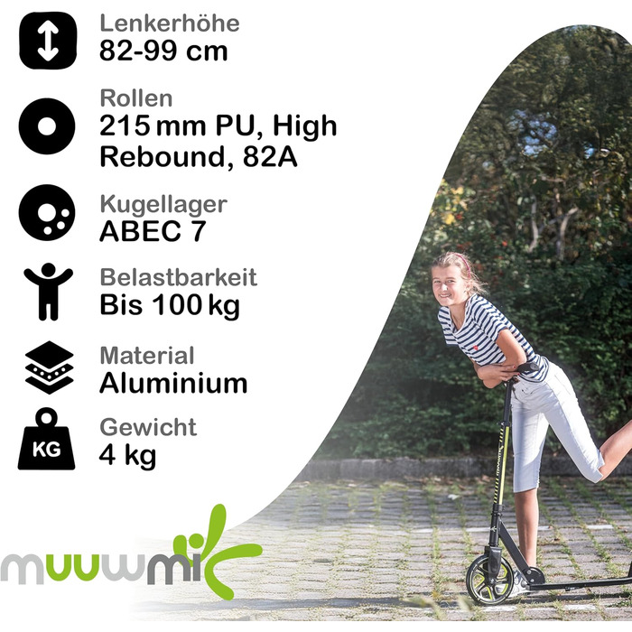 Скутер Muuwmi Pro з алюмінію – для дітей та дорослих, 215 мм, ABEC 7, регульована висота, GS-сертифікований, помаранчевий