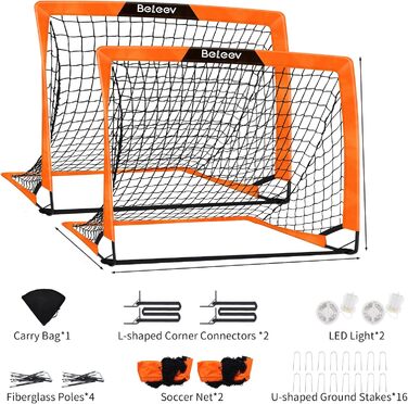 Дитячі футбольні ворота BELEEV для гри в саду та в приміщенні, 4x3/6x4 ft, з LED-підсвічуванням, портативні, складані, комплект з 2 шт., 120*90 см