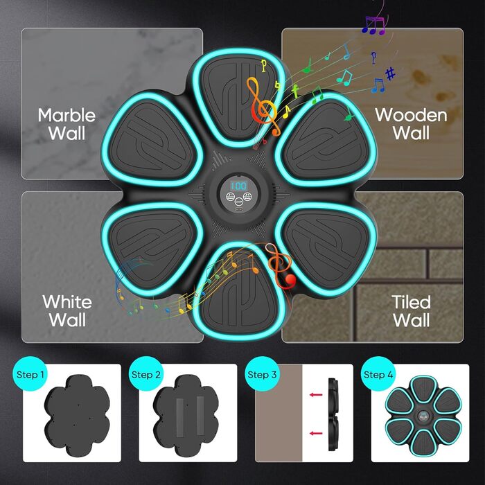 Музична боксерська машина Doramier з Bluetooth, LED-підсвічуванням та 2 парами рукавичок. 9 режимів тренування, підрахунок ударів, для дорослих та дітей. Чорний колір