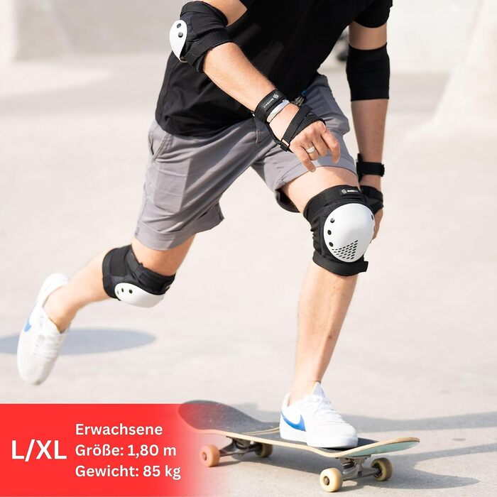 Захисний комплект SKATEWIZ для роликів і скейтборду — наколінники, налокітники, захист на зап'ястя для дітей та дорослих, 6 предметів, розмір M/L, чорний/білий