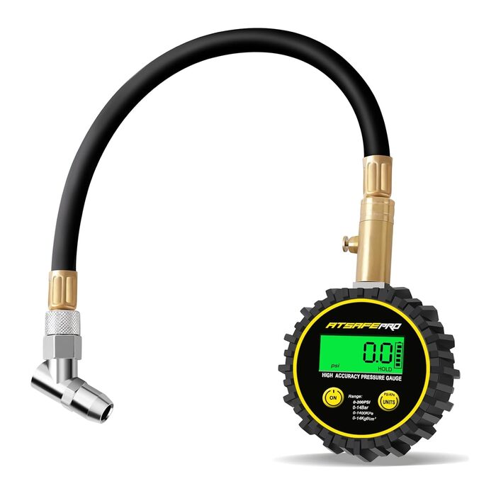 Цифровий манометр ATsafepro 200 PSI з гнучким шлангом та підсвічуванням, LCD дисплей, для шин авто, вантажівок, SUV, мотоциклів, сертифікований