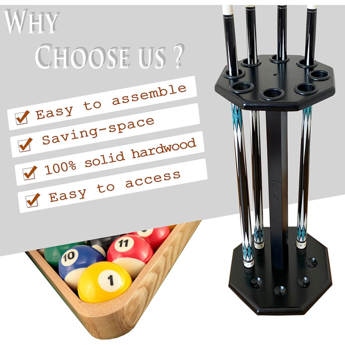 Стійка для більярдних київ GACCO BILLIARDS на 8 київ, аксесуар для більярдного столу, дерев'яний підсвічник, чорний колір