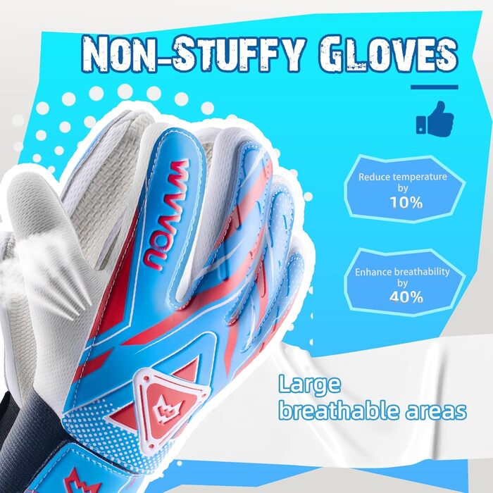 Воротарські рукавички WVVOU для дітей та підлітків, футбольні, подвійний захист, супер зчеплення (Blue, 4)