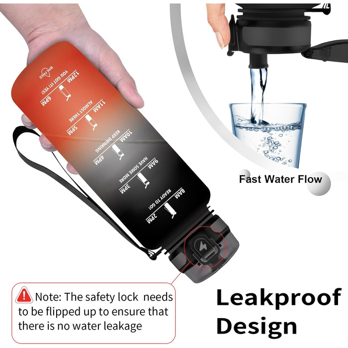 Спортивна пляшка для води Grsta 1,5 л, BPA Free, з фільтром, для газованої води, герметична, з часовою розміткою, чорна-червона, для спорту, школи, офісу та вулиці