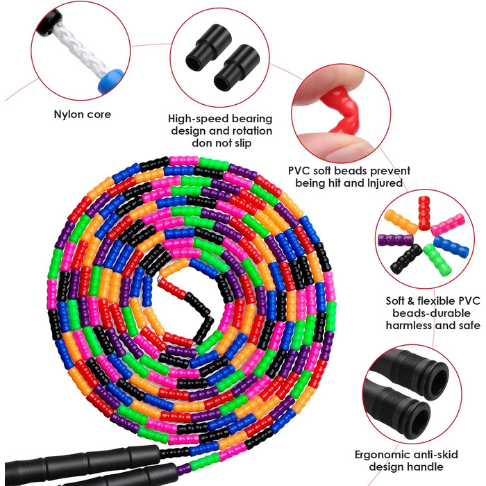 Довга скакалка Kingcolor Double Dutch 4,8 м, м'які намистини, регульована, для дітей і дорослих, для 5-6 осіб, 1 або 2 шт.