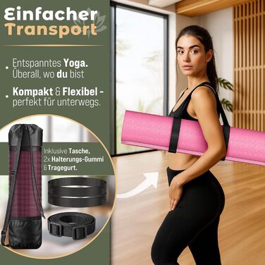 Йога мат RE:SPORT, рожева, 183x61x0.6 см, з ручкою для перенесення, не містить фталатів