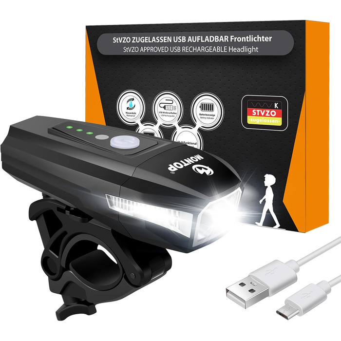 Набір світлодіодних фар для велосипеда MONTOP (передній ліхтар), USB-акумулятор, StVZO сертифікований, для дітей та дорослих