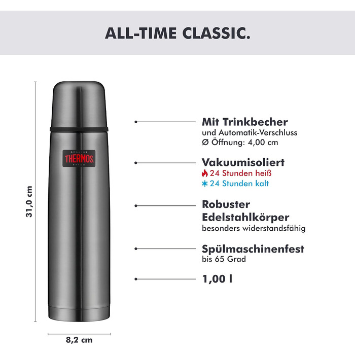 Термос Thermos Light & Compact для напоїв, 1.0 л, сірий (Stone Grey), сталь