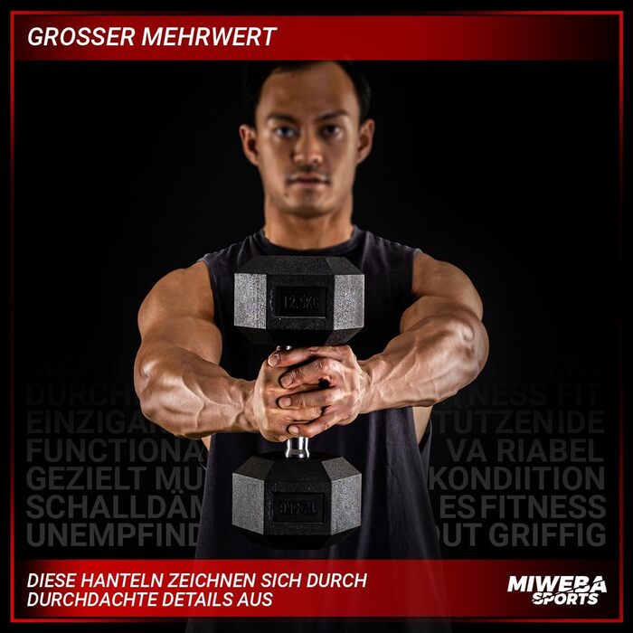 Гантелі шестигранні Miweba Sports HGH100, 2,5-30 кг, пара, гантельний набір, гантелі з литого чавуну, ергономічна ручка, вага 5 кг, професійні короткі гантелі