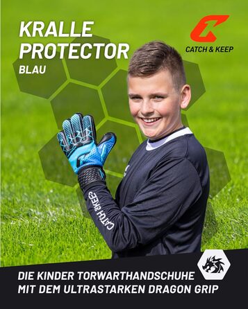 Дитячі воротарські рукавички CATCH & KEEP® Protector із захистом пальців, преміум-якість, сині, розмір 3, посилене зчеплення