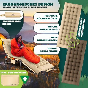 Кемпінгове ліжко KESSER® розкладне з подушкою, кишенею та тримачем для напоїв, 190 x 68 x 30 см, до 250 кг, з оксфордської тканини та сталевого каркасу, для відпочинку на природі