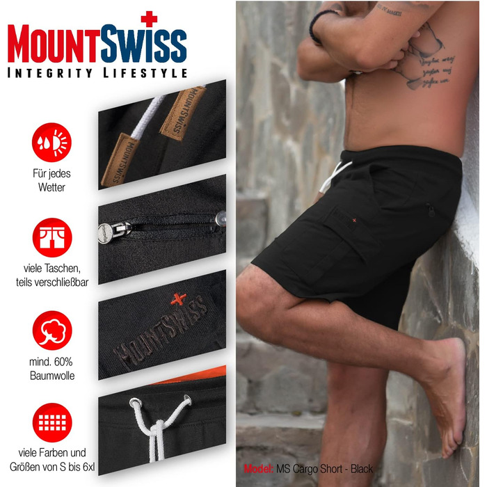 Чоловічі літні шорти-карго Mount Swiss з 6 кишенями на блискавці та липучках, чорні, розмір 7XL