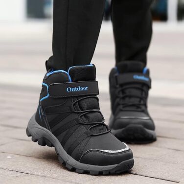 Дитячі зимові черевики: зимові черевики, черевики для хайкінгу, снігоступи для хлопчиків та дівчаток, з теплим підкладкою, водонепроникні, бавовняні черевики, черевики для трекінгу, снігоступи з застібкою-липучкою, розмір 37 EU, чорний, синій