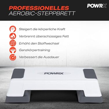 Степ-платформа POWRX для аеробіки та фітнесу, 3 рівні, біла, регульована висота, антиковзаюча | Степ-бенч для дому