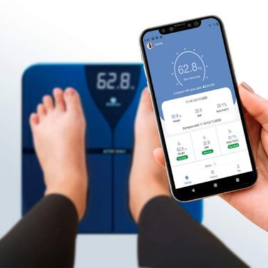 Цифрова вага для людей BAXTRAN з Bluetooth, аналізом жиру та додатком, смарт-вага, стильний дизайн, міцна електронна вага