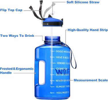 Спортивна пляшка для води 3,78 л з позначками часу та трубочкою, BPA Free, витокозахисна, 3800 мл, блакитна