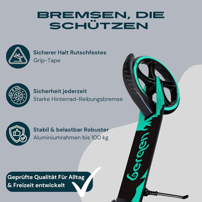 Самокат міський Bergеn City Scooter Downtown, алюмінієвий, складаний, 3.3 кг, колеса 200 мм, регульована висота, для дітей від 6 років, підлітків, дорослих до 100 кг (чорний, зелений)