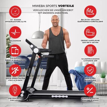 Електрична бігова доріжка Miweba Sports HT3000, 3,5 к.с., 16 км/год, нахил до 15%, навантаження 120 кг, з додатком, складана, велика бігова поверхня, 12 програм, для дому