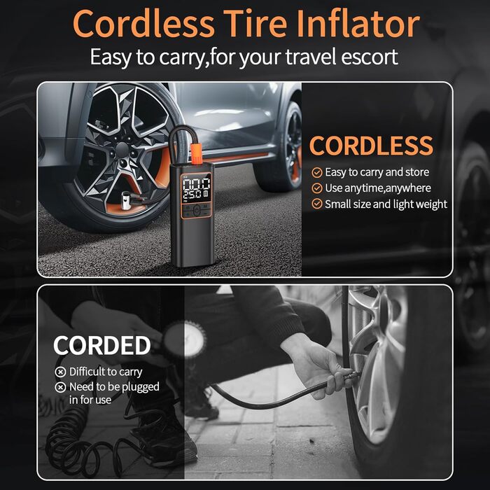 Електричний повітряний насос 150 PSI - акумуляторний компресор з LED-дисплеєм, перезаряджається для велосипеда, авто, мотоцикла та м'ячів