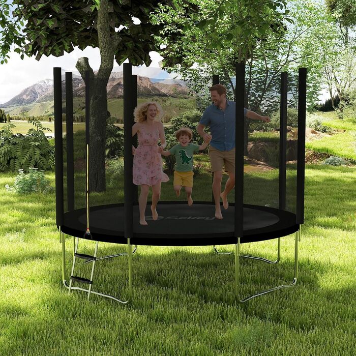 Трамплін Sekey Outdoor Ø 244/305/366 см - сертифікований TÜV Rheinland GS, дитячий, для саду з безпечним мотузковим драбиною, посиленим захисним сіткою та захисним бордюром (Чорний, 366 см/12 футів)