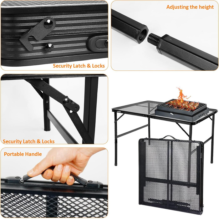 Складаний столик для кемпінгу Eaststorm 60x40 см з металевою сіткою, 2 рівня висоти, для відпочинку на природі, грилю та саду (чорно-сірий, 120x60 см)