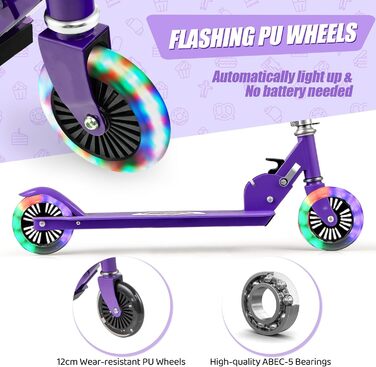 Самокат дитячий Kinder Scooter з LED-колесами, алюмінієвий, складаний, 3 регульовані висоти, до 50 кг, фіолетовий, зі стійкою та ременем безпеки