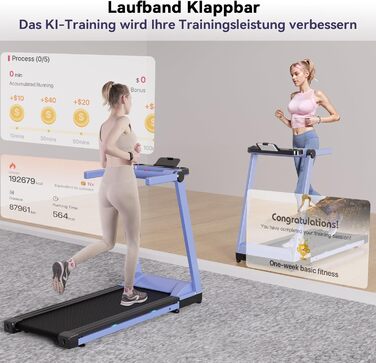 Біговий доріжка DeerRun Raceable з підтримкою High-Tech пристроїв, для дому, вантажопідйомність 158 кг, керування через APP, 2573W, складаний, з тренувальними курсами та мульти-режим, синьо-чорний