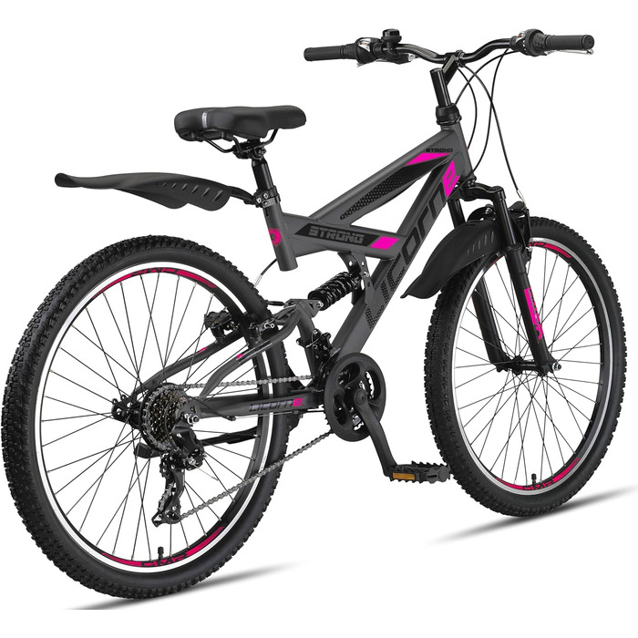 Гірський велосипед Licorne Bike Premium Strong V 24/26 дюймів для хлопців, дівчат, жінок і чоловіків, 21 швидкість, повна амортизація, антрацит/рожевий, 24 дюйми
