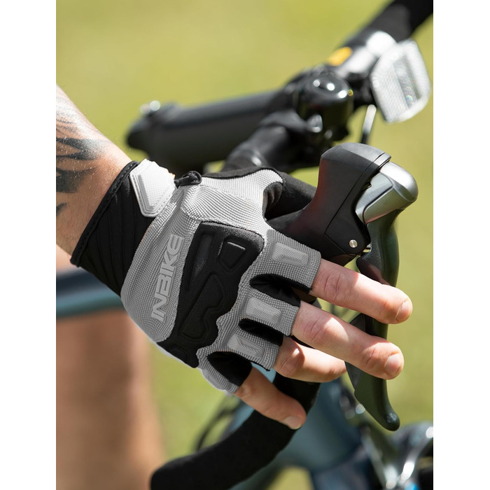 Рукавички INBIKE напівпальцеві гнучкі для велоспорту, крос-кантрі, фітнесу, тренувань та скелелазіння з захисними вставками TPR та SCR, H010, зелені (сірі, M)