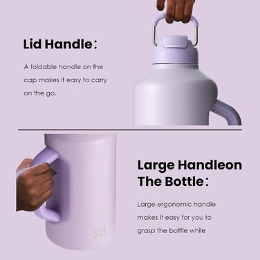 Ізольована пляшка для води Bottle Bottle з трубочкою та подвійним кришкою, спортивна сталева пляшка для чоловіків з ручкою, вакуумна сталь, для тренувань та спорту, 1,8 л (фіолетовий)