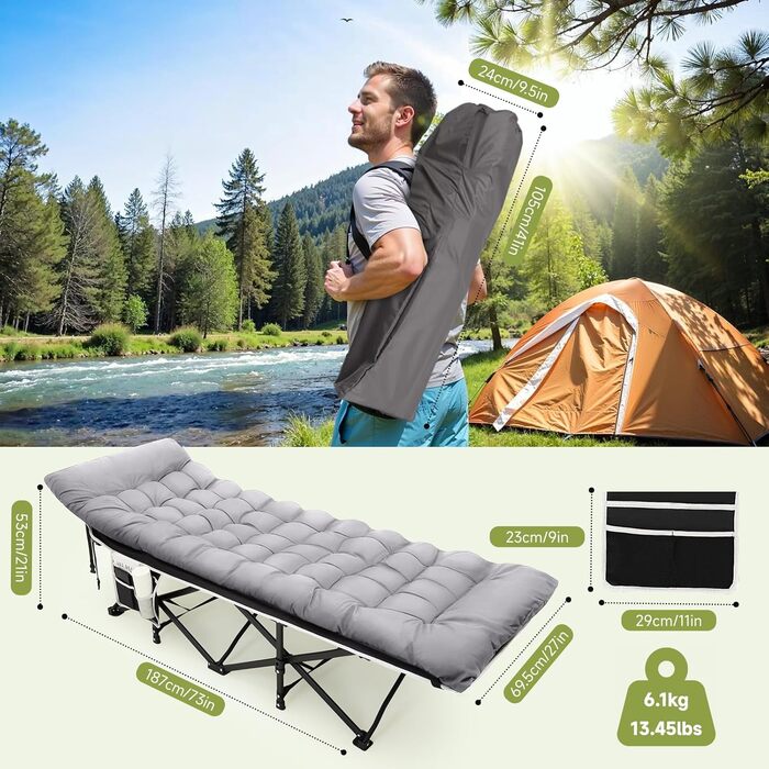 Ліжко-розкладачка Warmiehomy XXL з матрацом для дорослих, гостьове ліжко, широке, міцне, для кемпінгу, відпочинку, офісу, саду, сіре, з матрацом