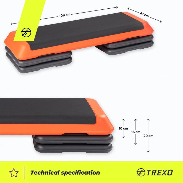 TREXO Степ-платформа для дому - степ-платформа для аеробіки з регулюванням висоти, фітнес та спорт, тренувальний пристрій для початківців та досвідчених, витримує до 250 кг, чорний/помаранчевий