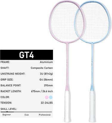 Набір для бадмінтону OGEENIER: 2 ракетки, 2 ручки, 2 волана, 1 ракетка з сумкою (білий, рожевий+блакитний, 3 1/4 дюйми)