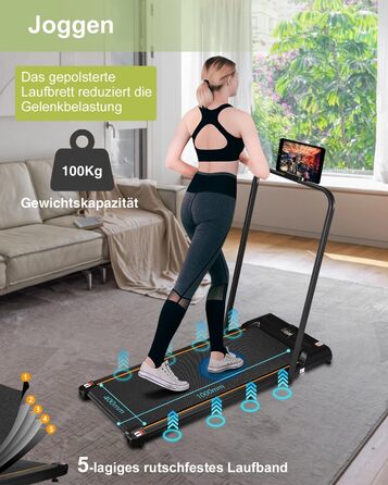 Біговий доріжка з нахилом для дому, складаний електричний walking pad з пультом дистанційного керування, Bluetooth та керуванням через додаток, подвійним амортизатором, без необхідності збирання