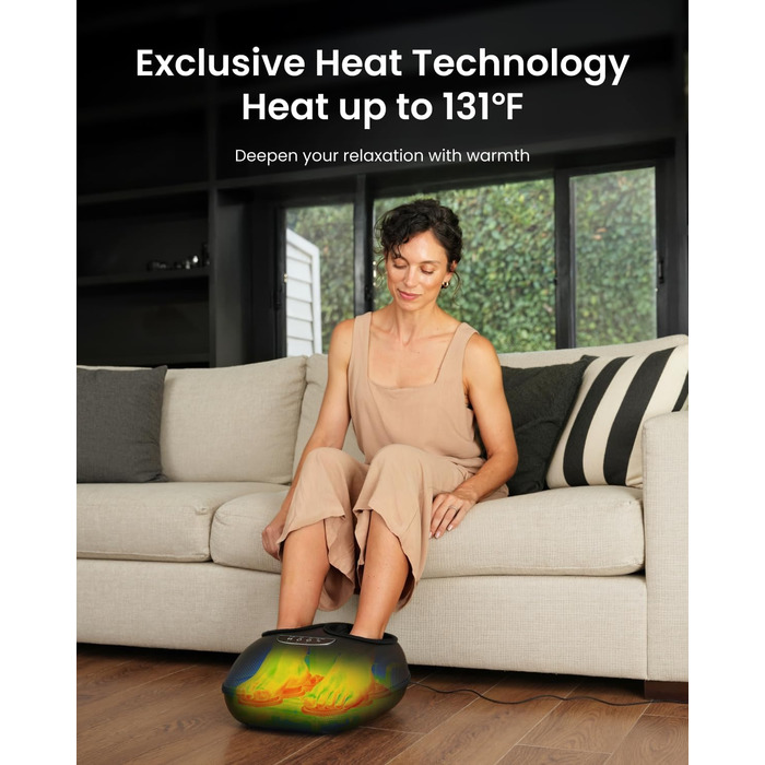 Масажер для ніг RENPHO з підігрівом, 3 режими та рівні компресії повітрям, Shiatsu масаж для всієї стопи при п'ятковому фасціїті, PU-шкіра, подарунок на Різдво для жінок та чоловіків, розмір до 47, чорний