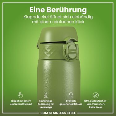 Фляга для води ION8 Leicht 600 мл, неізольована, з клапаном, не протікає, з ручкою, сталь, хакі