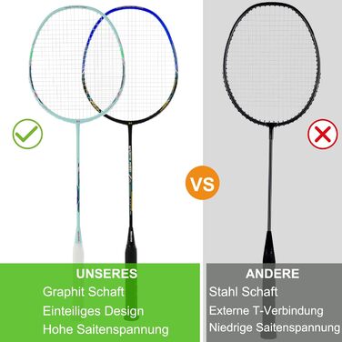 Набір для бадмінтона з 2 графітовими ракетками - зносостійкий дизайн - комплект для дорослих (вкл. воланчики, обмотка, сумка) (блакитний+чорний)